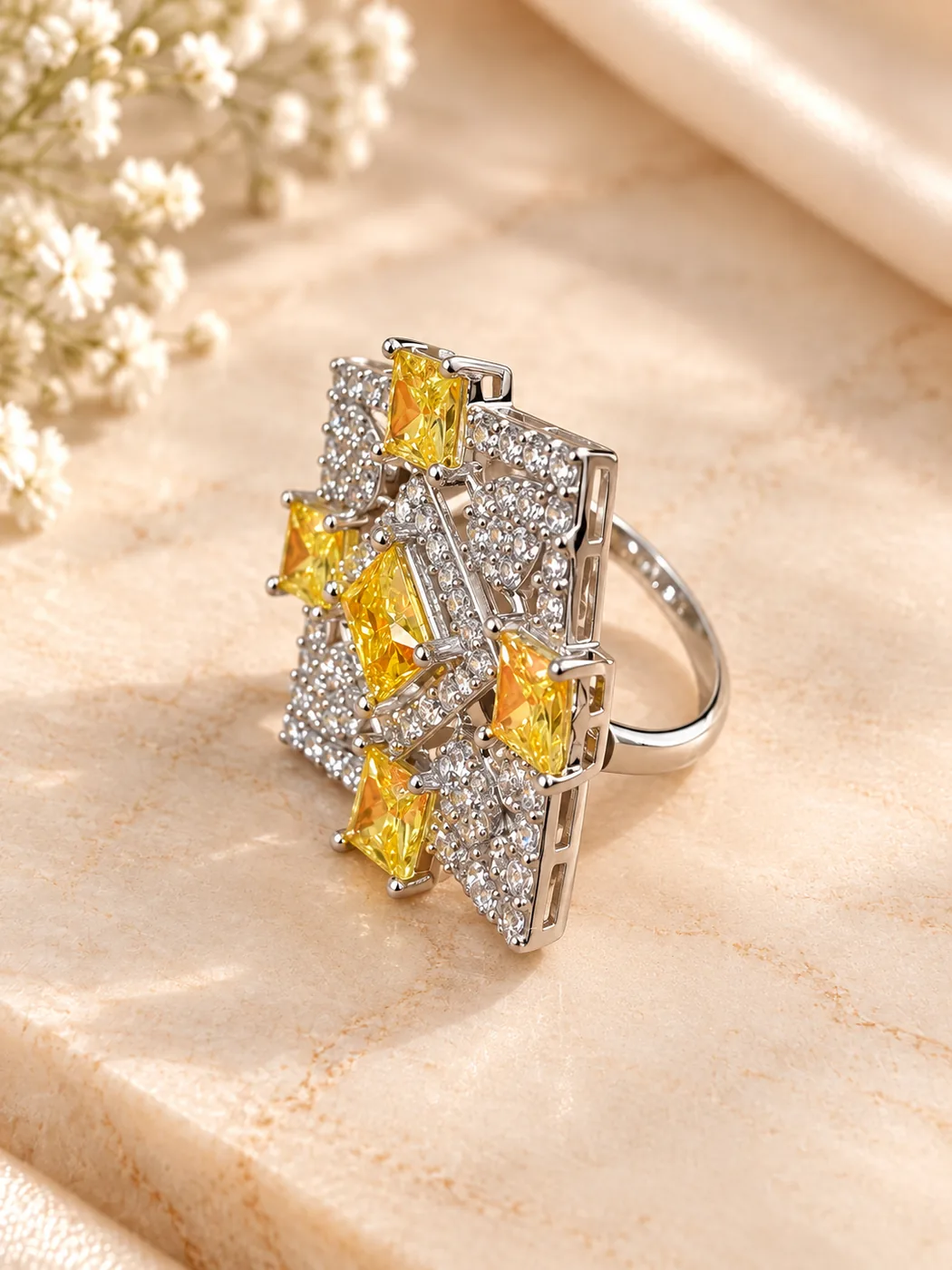Golden Gemstone Pavé Statement Ring